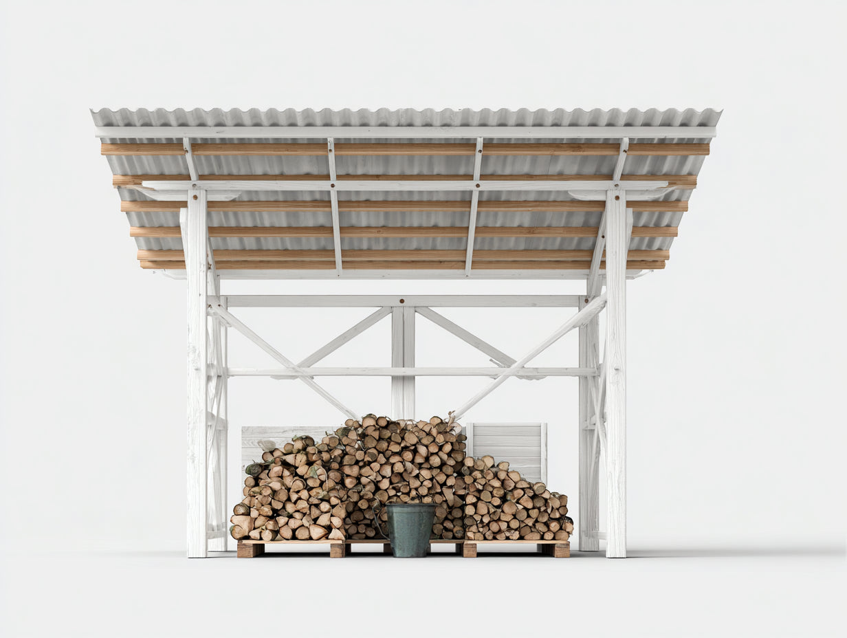 Leñero de jardín de madera y metal 260x90x210 cm - blanco-gris-madera natural - estilo rústico
