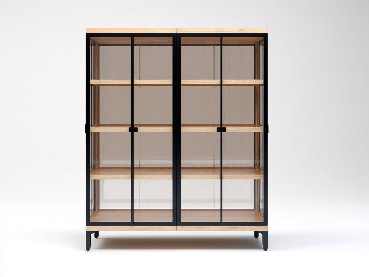 Vitrinas madera metal y vidrio 100x40x165 cm natural-negro para salón estilo industrial