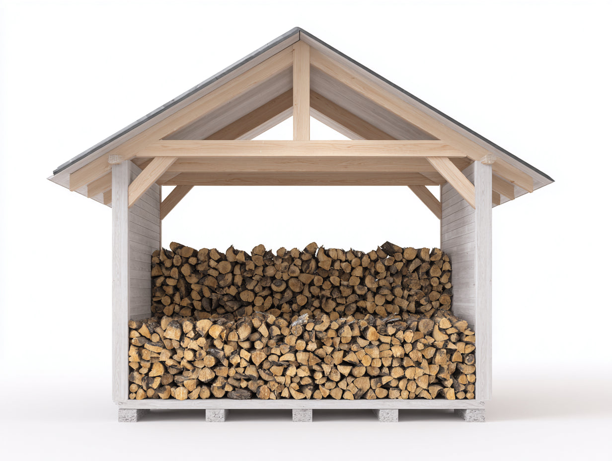Leñero de jardín de madera y metal 240x90x220 cm - blanco-madera natural-gris - estilo rústico