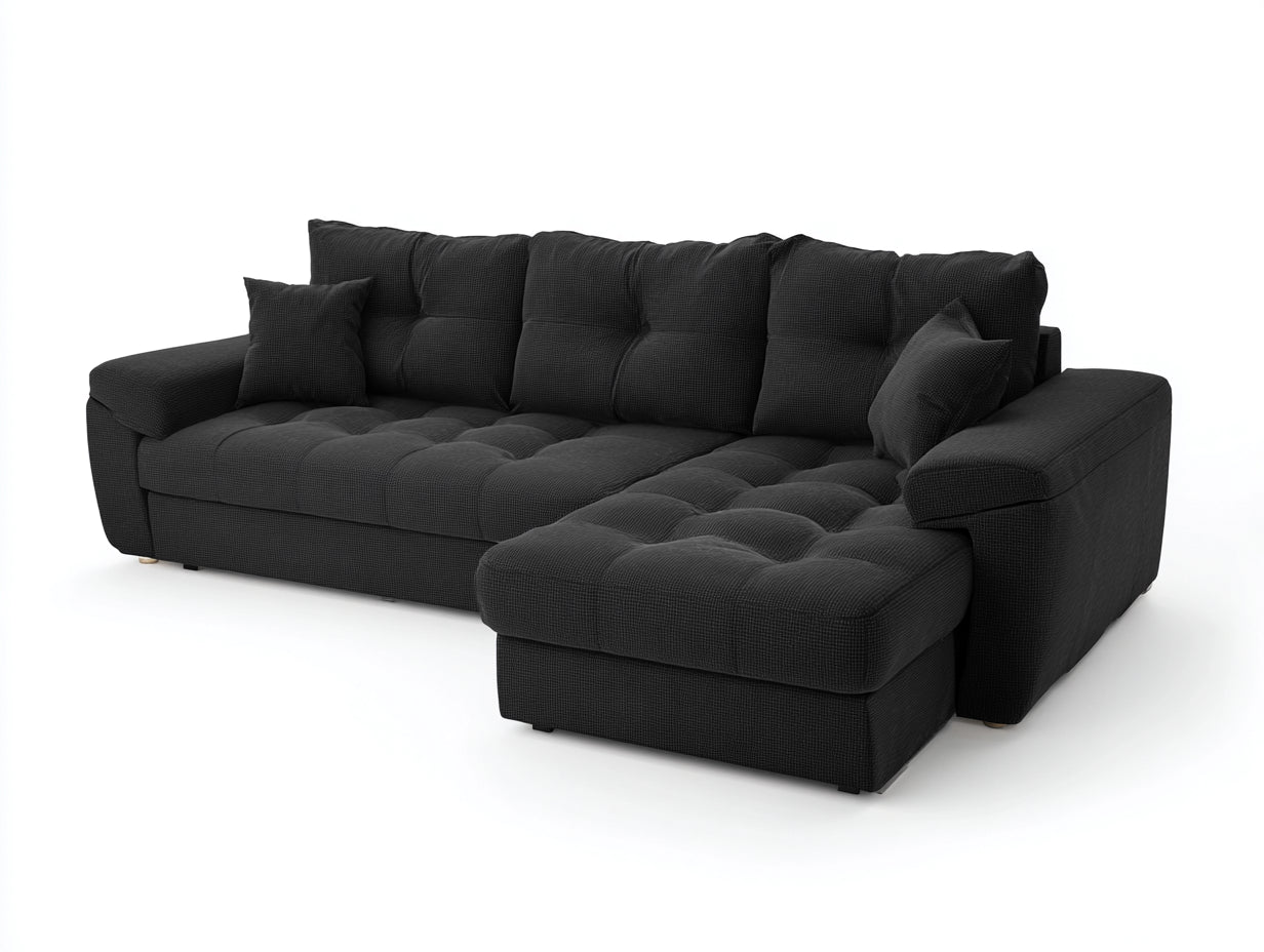 Sofás de esquina de tela 285x185x85 cm - negro con chaise longue - diseño moderno acolchado para salón