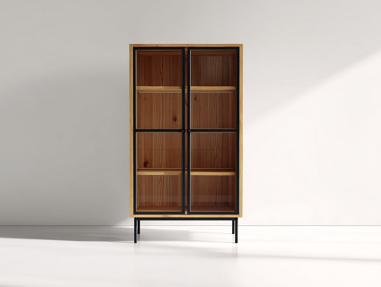 Vitrinas madera metal y vidrio 90x38x145 cm marrón-negro diseño industrial contemporáneo