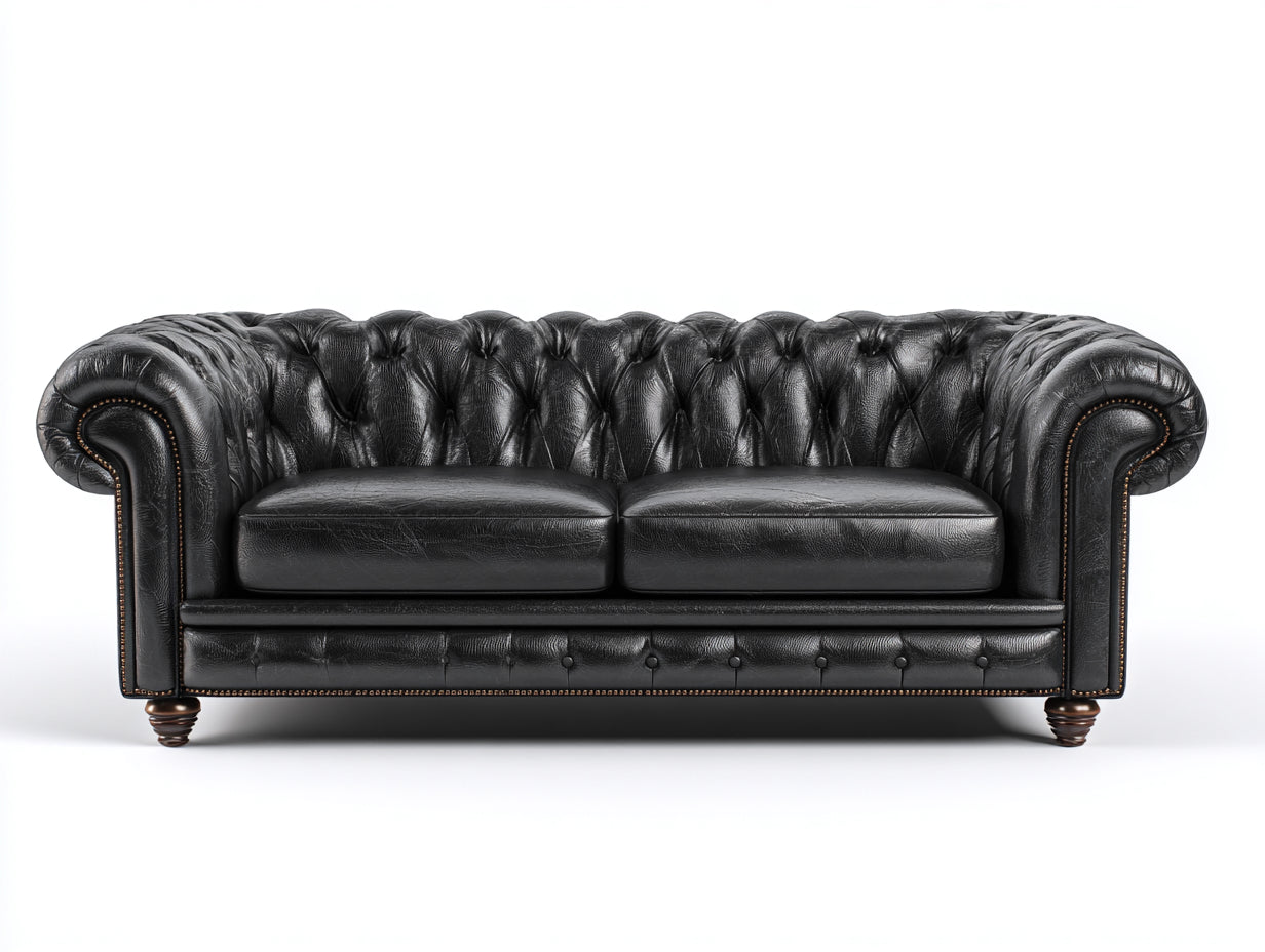 Sofás lineales piel sintética 230x92x78 cm negro para salón estilo Chesterfield