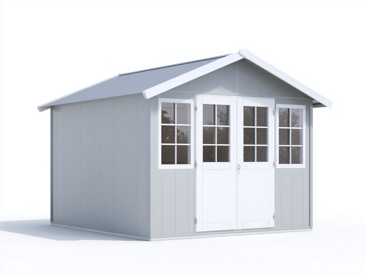 Casetas de jardín de madera 360x260x240 cm - gris y blanco con ventanas - diseño moderno para exterior