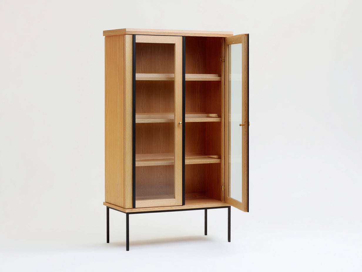 Vitrinas de madera y vidrio 88x40x155 cm - natural-negro-dorado - para salón y comedor diseño nórdico