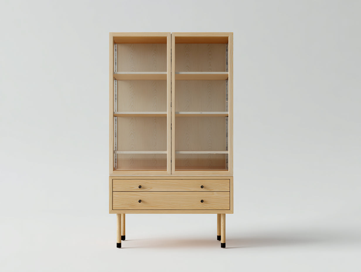 Vitrinas de madera 85x40x165 cm - natural con puertas de cristal - diseño moderno con cajones