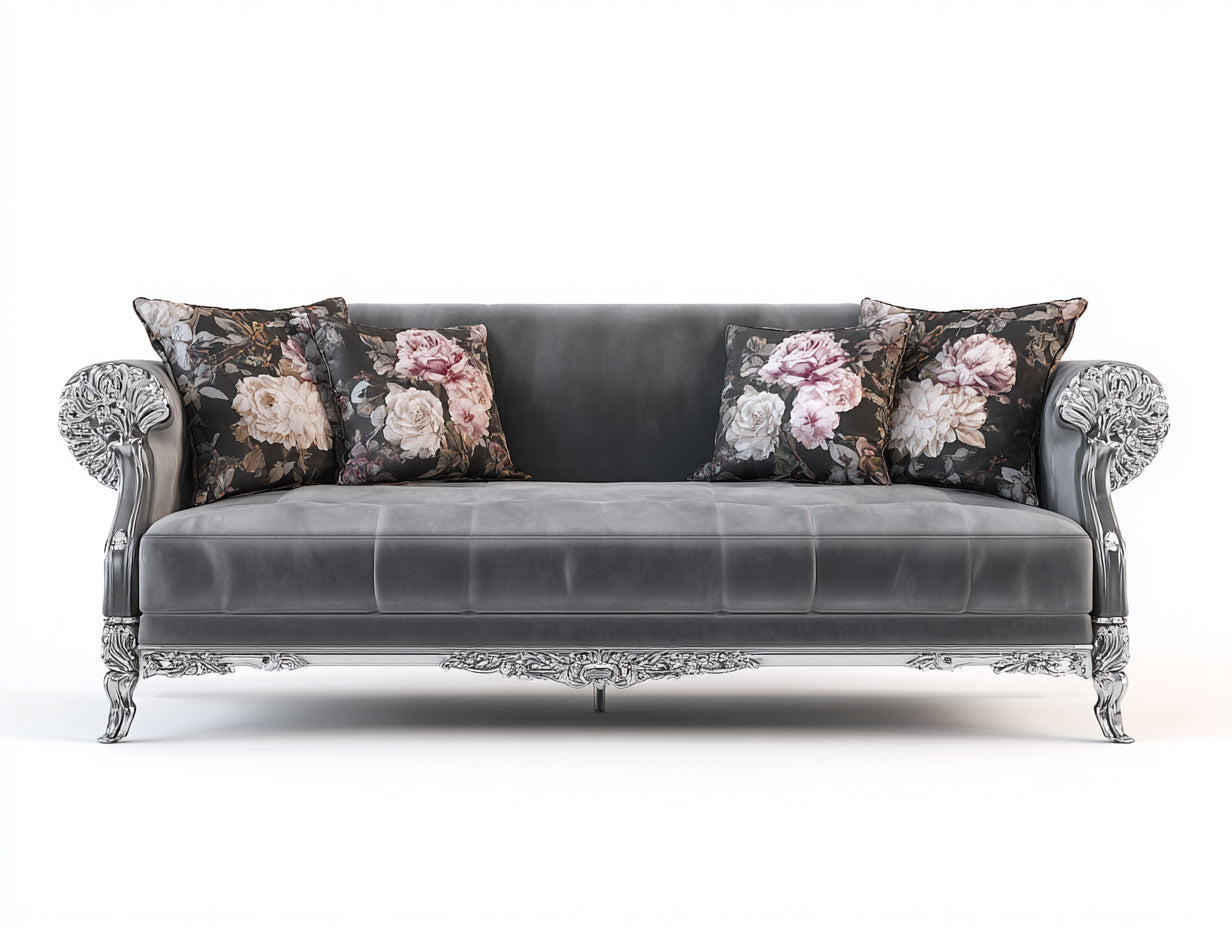 Sofás lineales de terciopelo 220x85x82 cm - gris y plata con detalles ornamentales - diseño clásico para salón