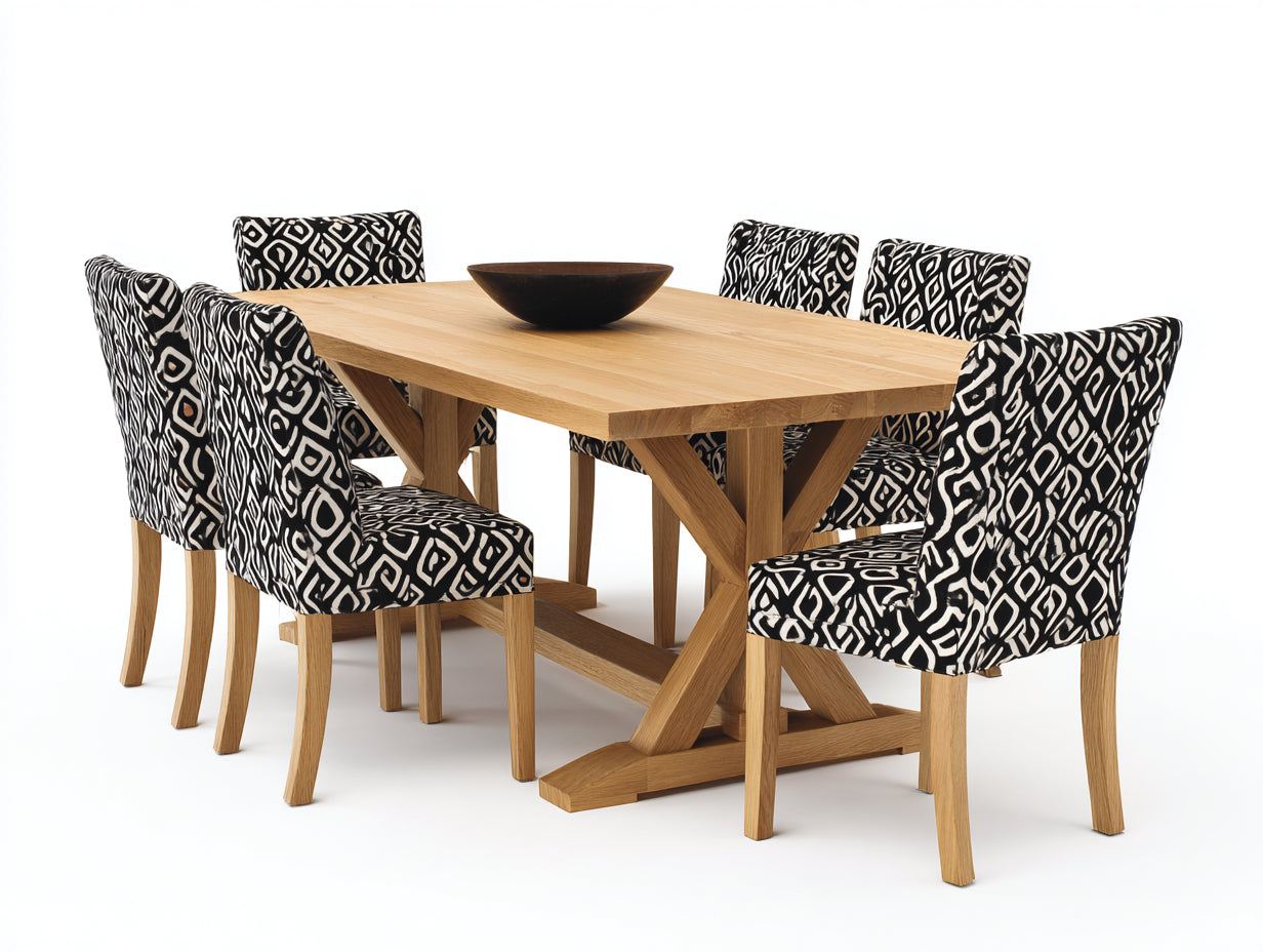 Conjuntos de comedor de jardín de madera 180x90x75 cm - natural con sillas tapizadas negras y blancas - diseño rústico