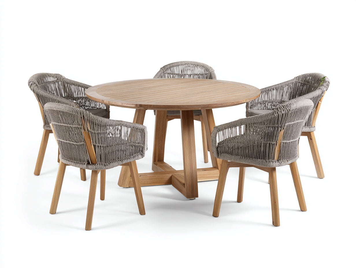 Conjuntos de comedor de jardín de madera 130x130x75 cm - natural y gris con sillas trenzadas - diseño moderno para terraza