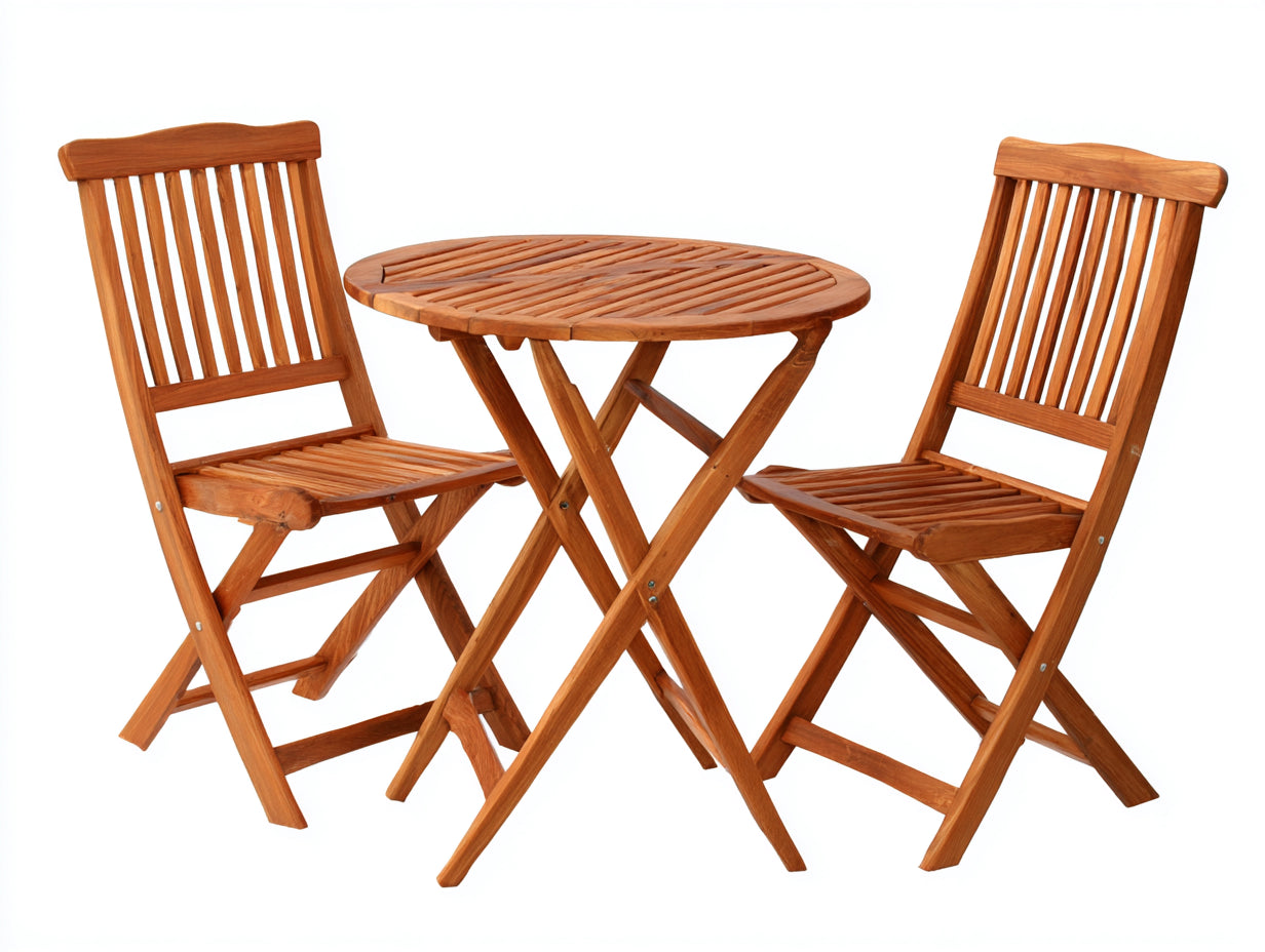 Conjuntos de comedor de jardín de madera 70x70x74 cm - marrón natural con 2 sillas plegables - diseño compacto para exterior