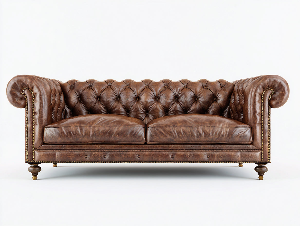 Sofás lineales cuero 210x90x78 cm marrón diseño capitoné clásico