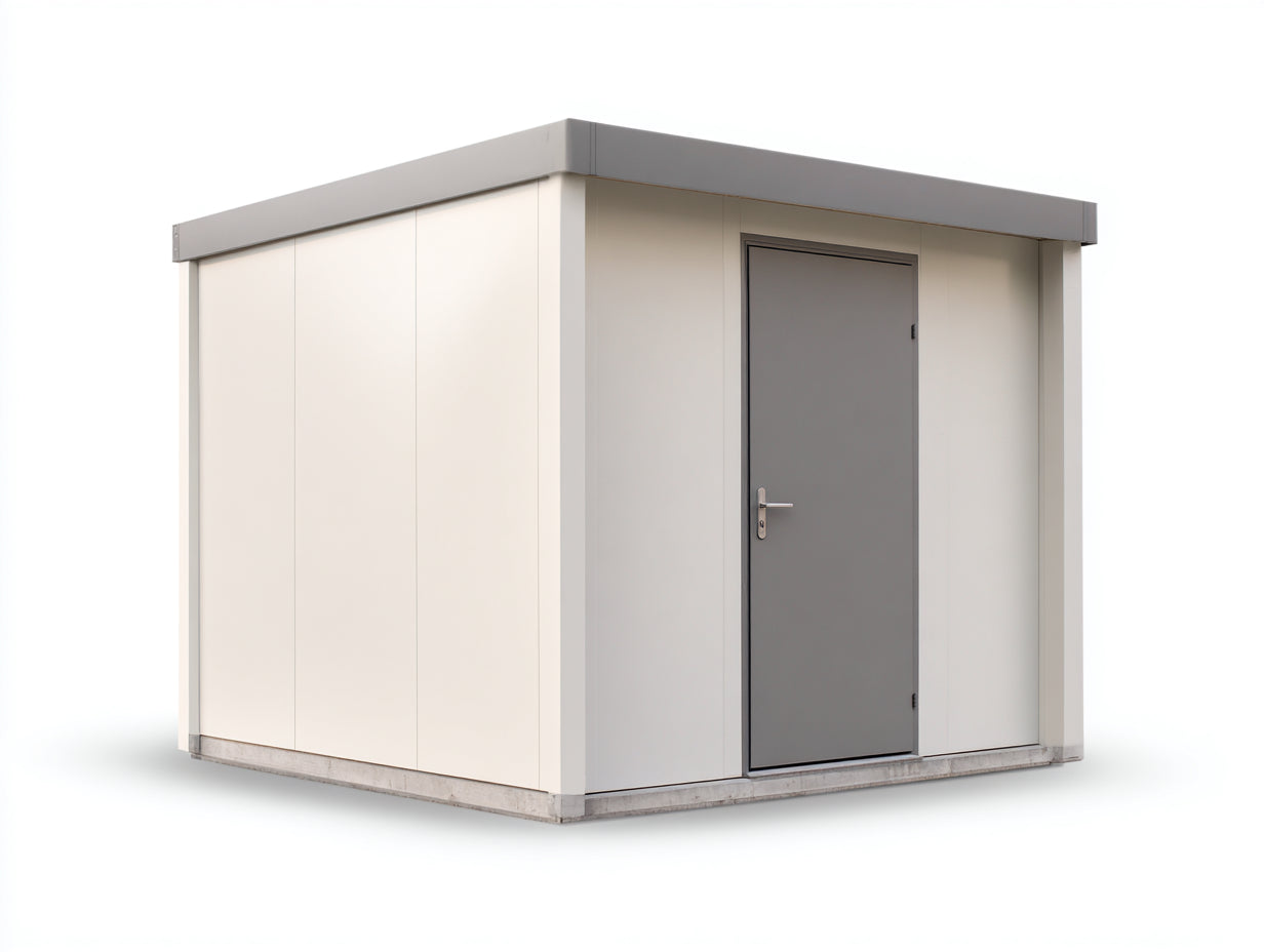 Casetas de jardín metal 300x240x230 cm blanco-gris con puerta abatible estilo moderno