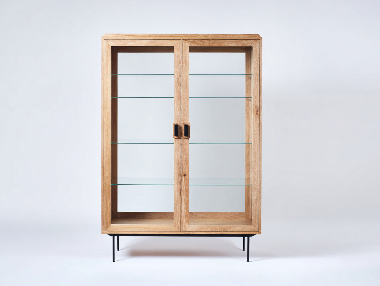 Vitrinas de madera con puertas de vidrio 90x35x140 cm - madera natural-negro - estilo moderno