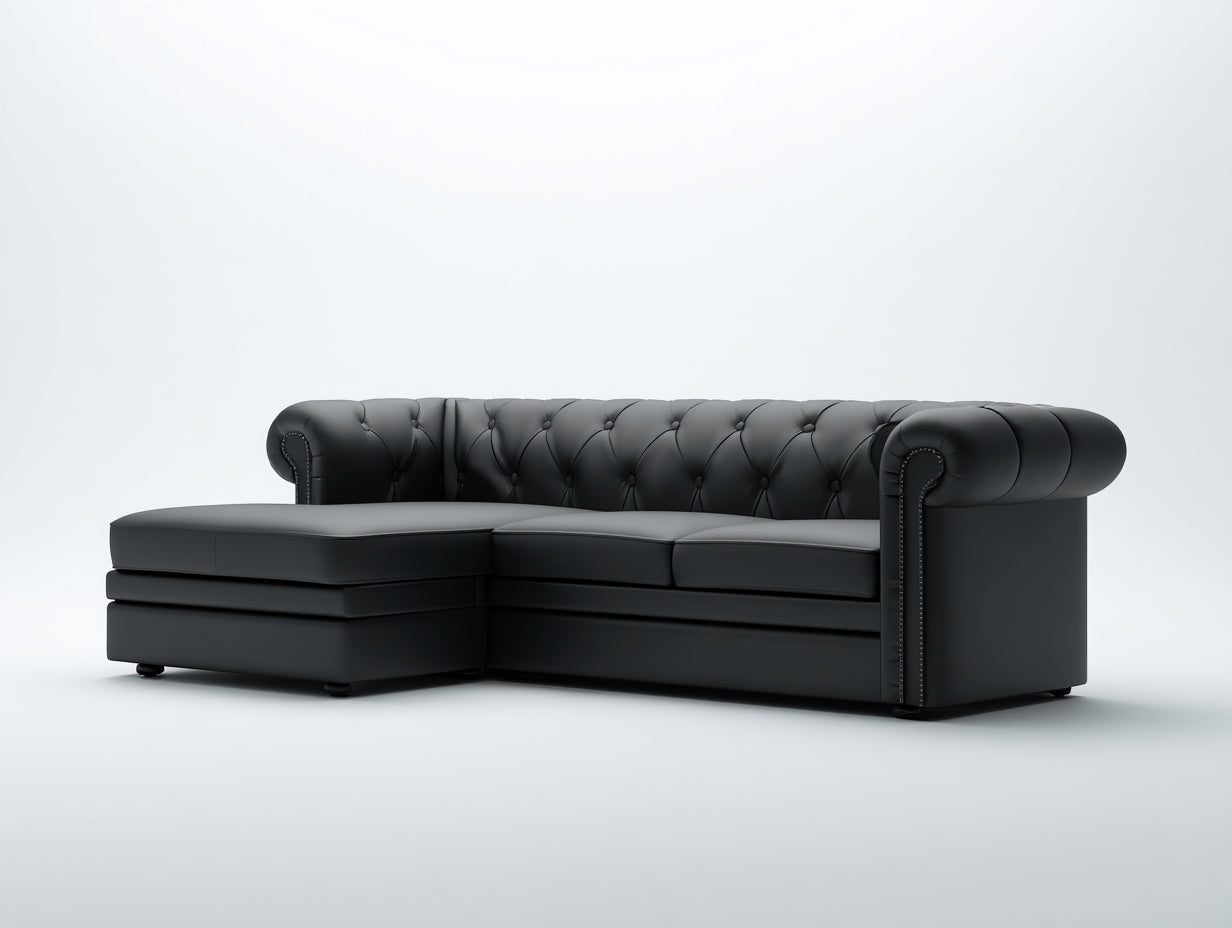 Sofás de esquina cuero 265x175x78 cm negro diseño capitoné clásico