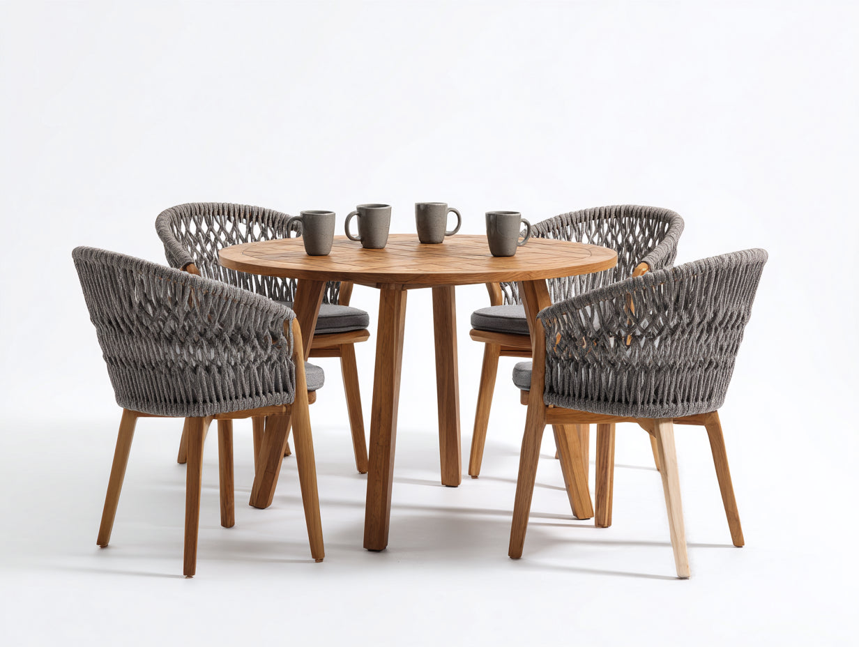 Conjuntos de comedor de jardín de madera y cuerda 115x115x74 cm - madera natural-gris oscuro - estilo moderno