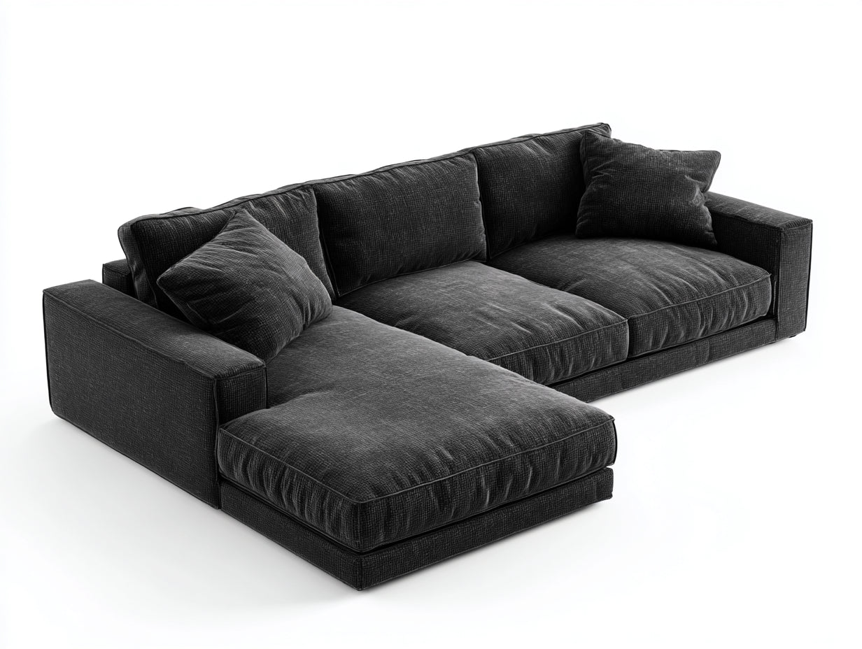 Sofás de esquina de tela 290x180x82 cm - negro con chaise longue - diseño moderno para salón