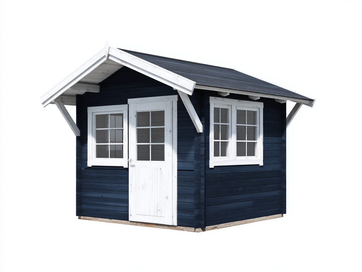 Casetas de jardín madera 200x180x210 cm azul-blanco diseño con ventanas y techo inclinado